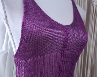 Vintage y2k Crochet Metallic Purple Crop Top Open Back Glossy Vest Cropped Bustier Soft Bra Bralete Bodice Cami Summer Festival Disco Party