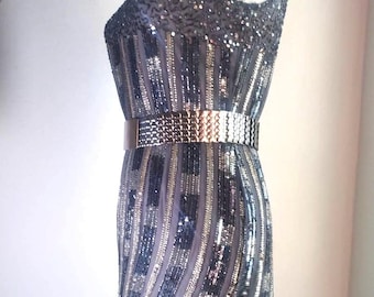 Vestido midi elegante vintage de los años 80 con lentejuelas, de seda, plateado y negro, estilo Gran Gatsby, con brillos, deslumbrante, pesado y con cuentas, para cóctel, talla M