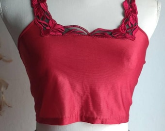 Vintage 80s Red Wine Nylon Crop Top Lace Wide Straps Size XS/S Cami Slip Thin Sexy Feminine Wedding Honeymoon Lingerie Vest Burgundy Shiny
