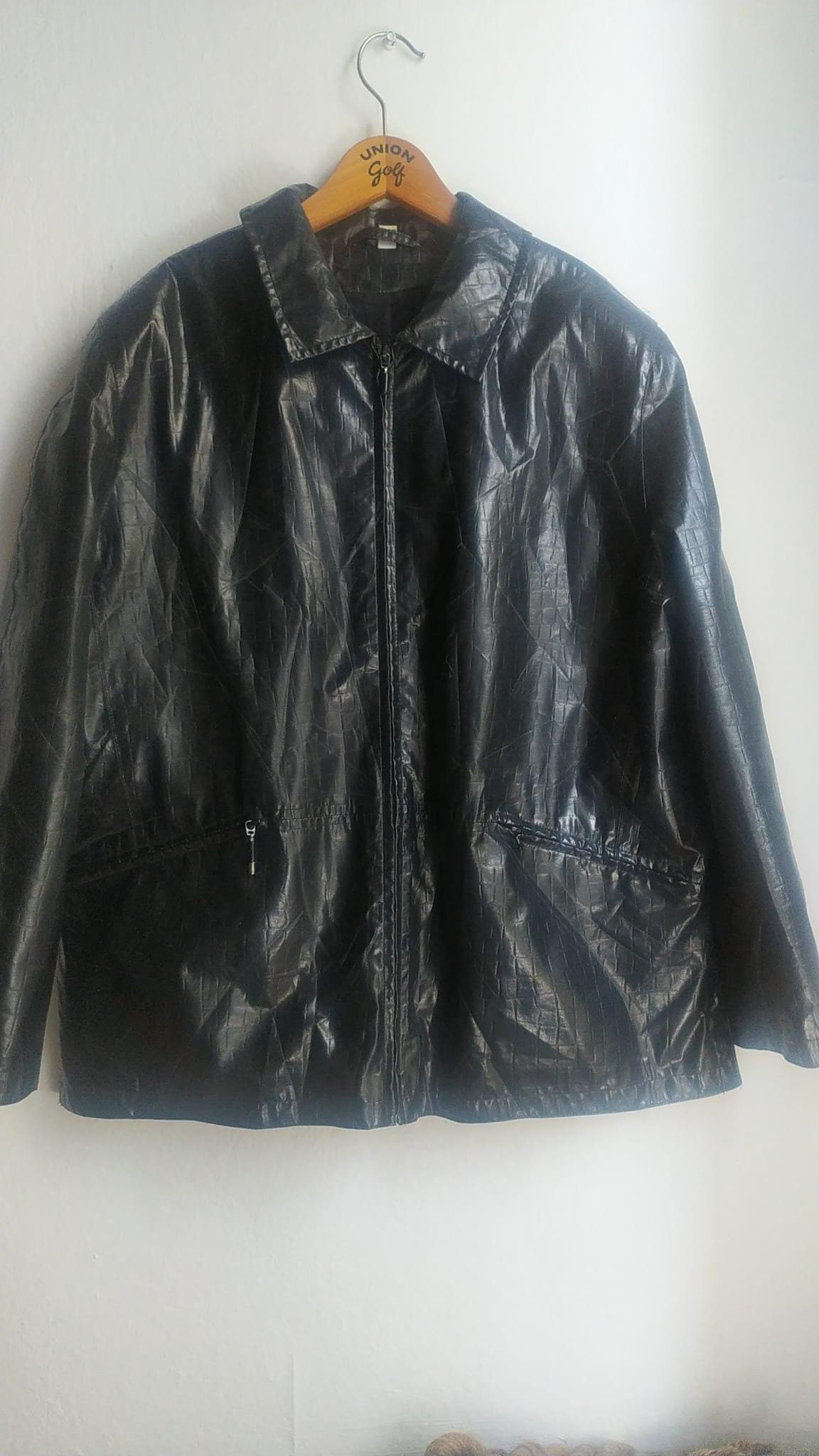 Vintage 80s Black PVC Oversize Blazer Glossy Timeless Stylish Unisex Coat Faux Leather Zippered Straight Jacket     Size EU42 UK14 US10
