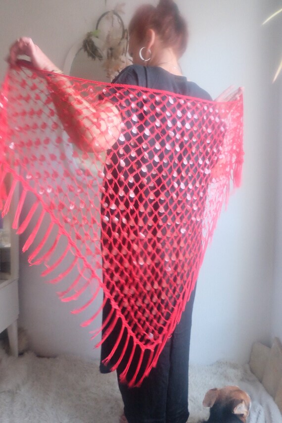 Vintage Crochet Lace Red Shawl Sheer Triangle Fish