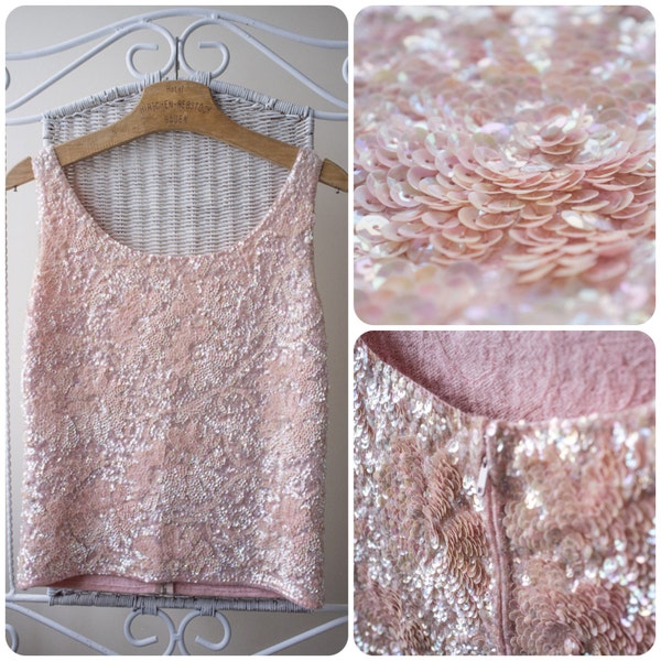 Beautiful 1950s  hand beaded sequin cocktail pink blouse