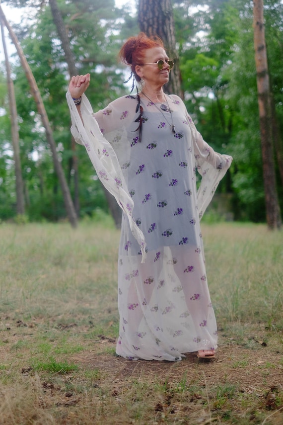 Vintage Sheer White Maxi Dress Huge Bell Angel Sle