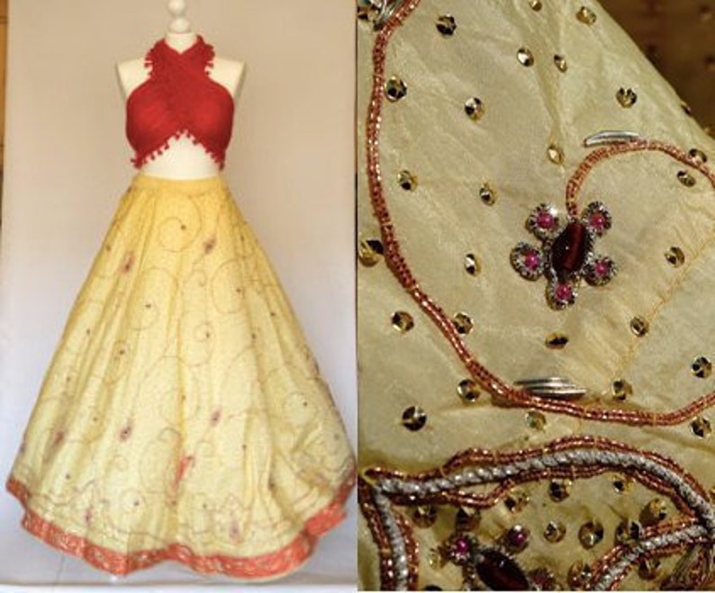 Vintage Maxi Big Skirt Beaded Banjara Yellow Red Glitter India Long Wedding Rich Extra Decorated Embroidered Jeweled Full Circle Bell Ball