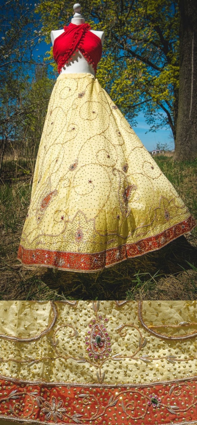 Vintage Maxi Big Skirt Beaded Banjara Yellow Red Glitter India Long Wedding Rich Extra Decorated Embroidered Jeweled Full Circle Bell Ball