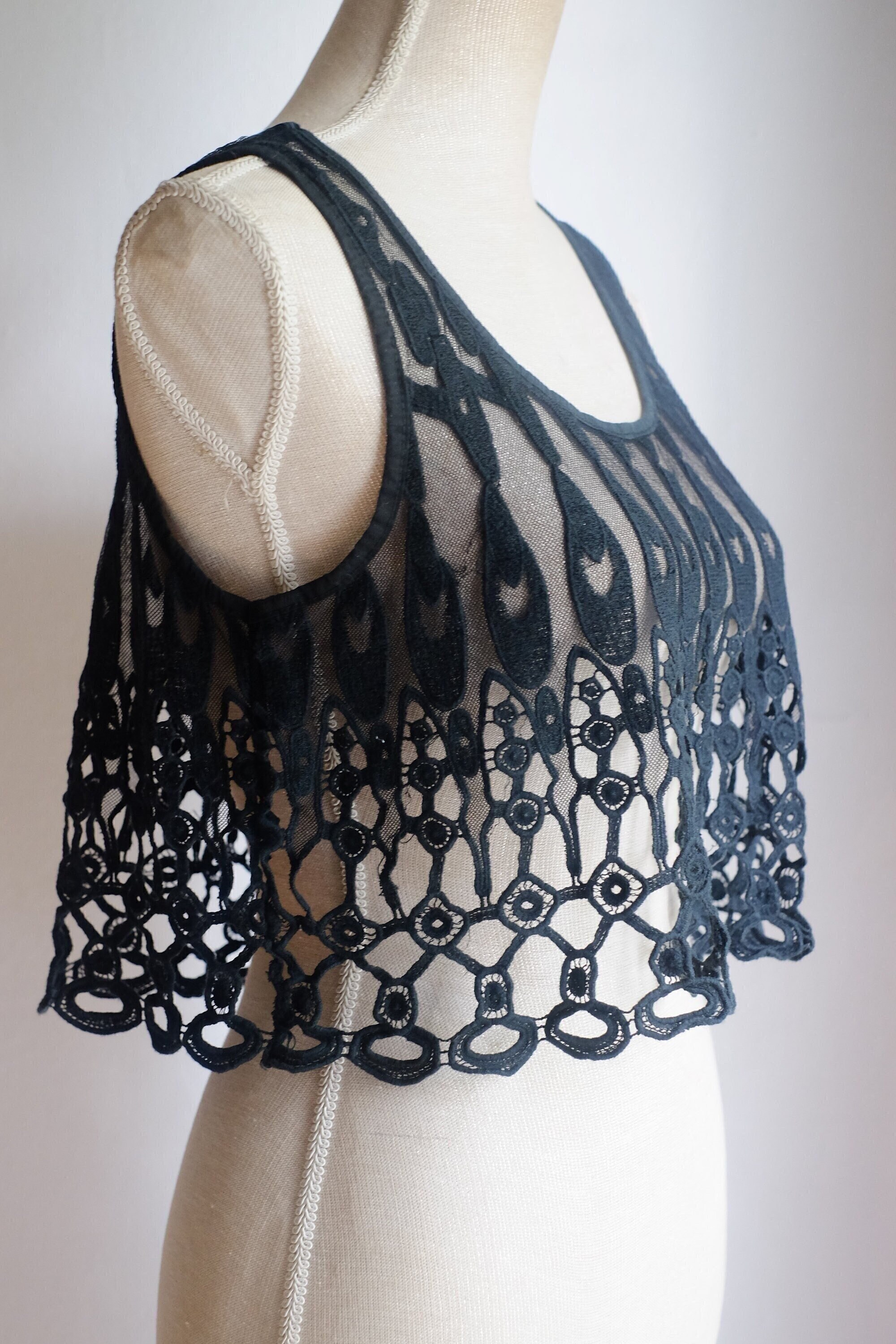 Vintage Sheer Crop Top Black Sexy Mesh Fish Net Size M