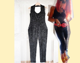 Vintage Black Halter Jumpsuit Crushed Velvet Romper Long Pants One Piece SizeM L Set Backless Playsuit Open Back Catsuit Party Festival Rave