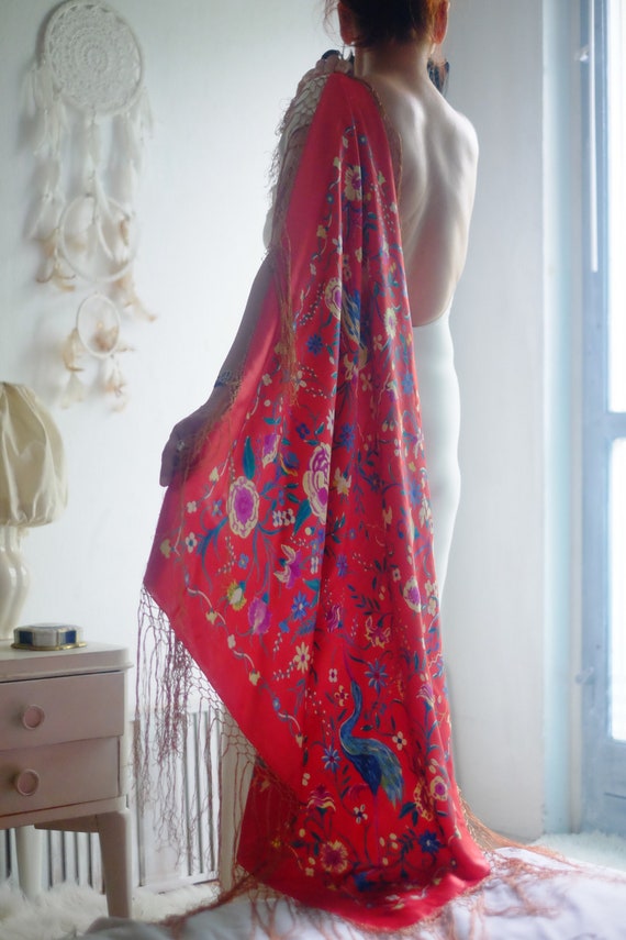 Vintage 30s-50s Red Satin Silk Piano Shawl Tassel… - image 5