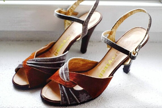 Vintage 30s High Heels Sandals MarryWell Brown Gra