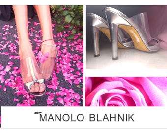 Vintage MANOLO BLAHNIK Silver Patent Leather Heels: Lucite Strap Mules EU39