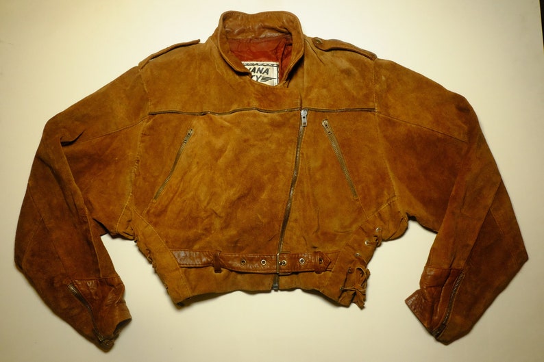 Vintage 80s Crop Jacket Camel Brown Genuine Leather Suede Image 0