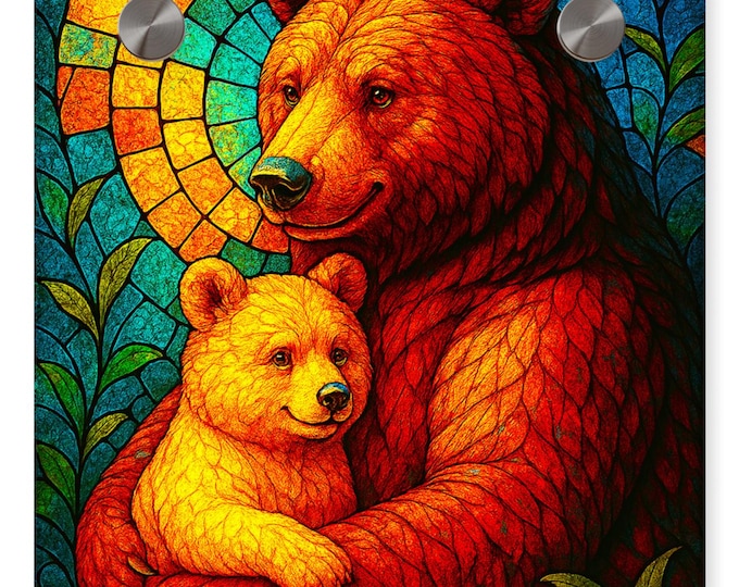 Father’s Day Bear Wall Art – Stained Glass Style Acrylic Print – Animal Art for Dad, Nursery, or Rustic Decor