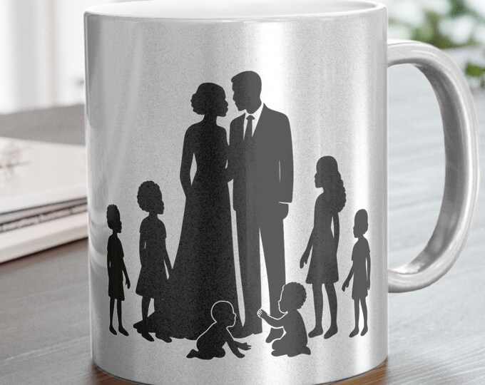 Personalized Wedding Mug: Bride, Groom & Kids Silhouette - Blended Family Keepsake