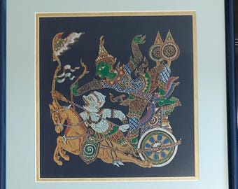 Framed Thai Ramayana Print: Hanuman Chariot Battle, Gold Foil Art