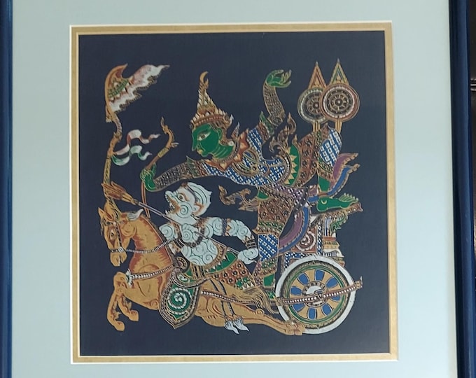 Framed Thai Ramayana Print: Hanuman Chariot Battle, Gold Foil Art