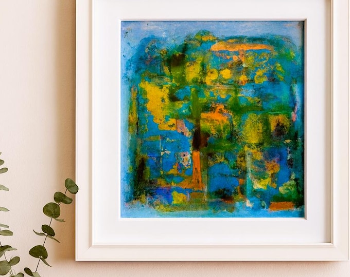 Textured Abstract Painting: Blue Gray Mixed Media Art, Custom Frame Option