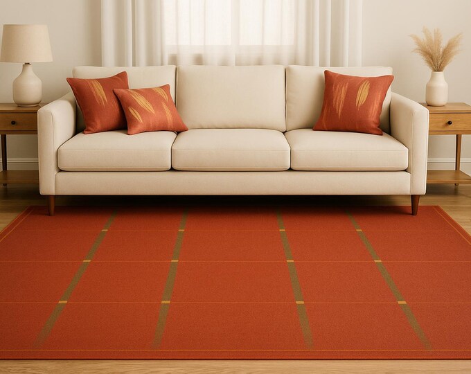 Terracotta Grid Luxe Area Rug | Earthy Modern Style | Gold + Olive Accents | Available in 3 Sizes