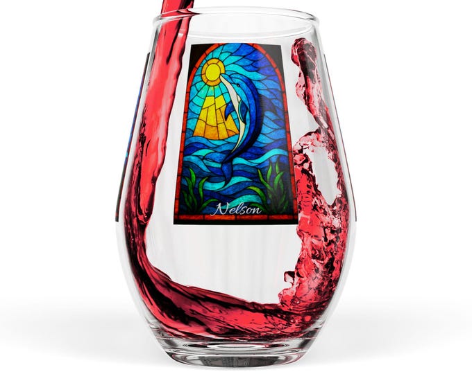 Stained Glass Dolphin Stemless Wine Glass: Ocean Lover's Gift