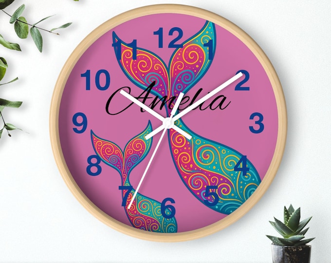 Personalized Mermaid Tail Clock: Rainbow Nursery Decor, Kids Gift