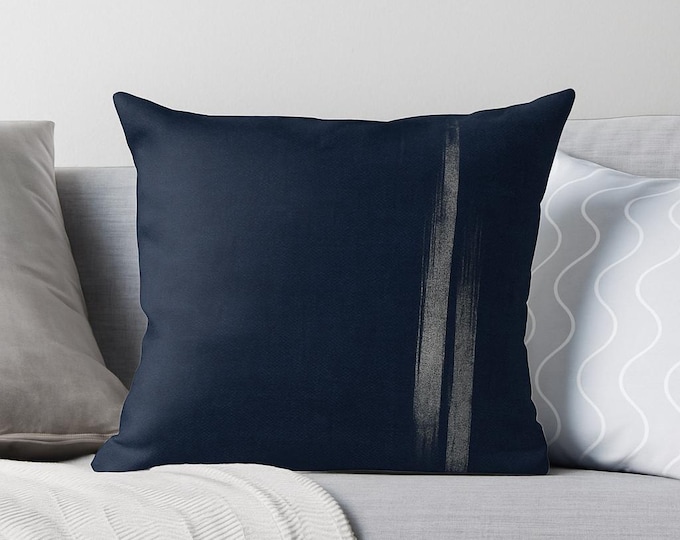 Faux Suede Square Pillow: Midnight Blue with Metallic Stripes