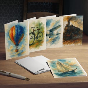 Artistieke wenskaarten: vintage avonturen | Perfect voor verjaardagen, feestdagen of bedankjes, milieuvriendelijk, handgeschilderde aquarellen.