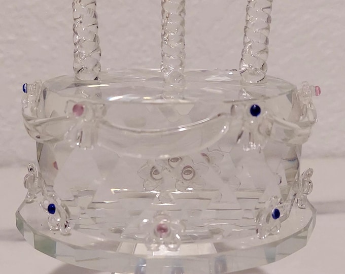 Crystal Birthday Cake with Three Candles – Vintage Celebration Figurine with Orange and Blue Accents