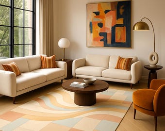 Pastel Wave Area Rug: Modern Geometric Color Block, Mid-Century Style