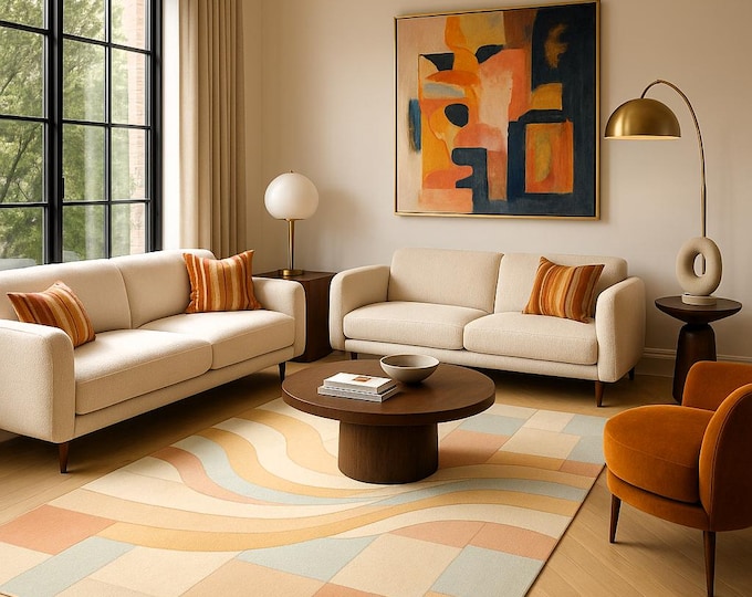 Pastel Geometric Wave Area Rug  Modern Abstract Soft Color Block Floor Mat  Mid Century Style Accent Rug in Multiple Sizes