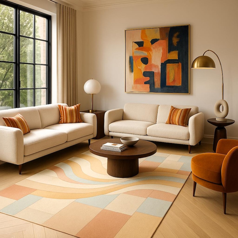 Pastel Geometric Wave Area Rug Modern Abstract Soft Color Block Floor ...