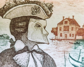 Vintage Venetian Etching – Carnival Gentleman by Studio Calcografico De Demo (Signed & Numbered)