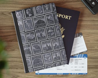 Gray Scale Postage Stamp Passport Cover: RFID Faux Leather Travel Accessory