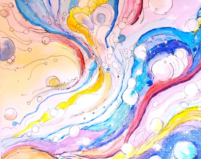 Original Framed Painting, watercolor abstract of floating bubbly orbs, original "Aether"