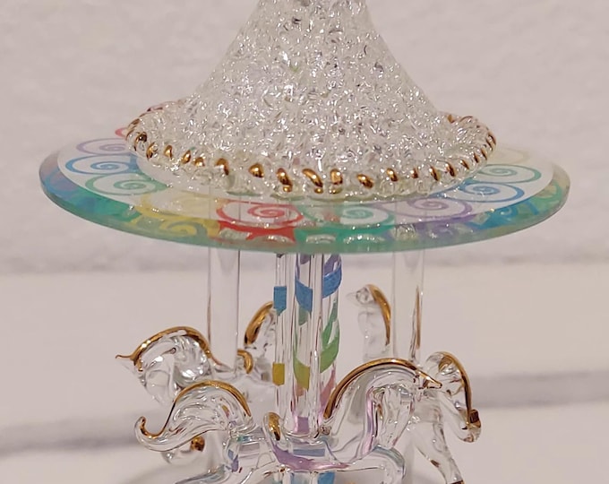 Glass Baron Carousel Figurine: Rainbow Swirl Glass Horses, 22K Gold Accents