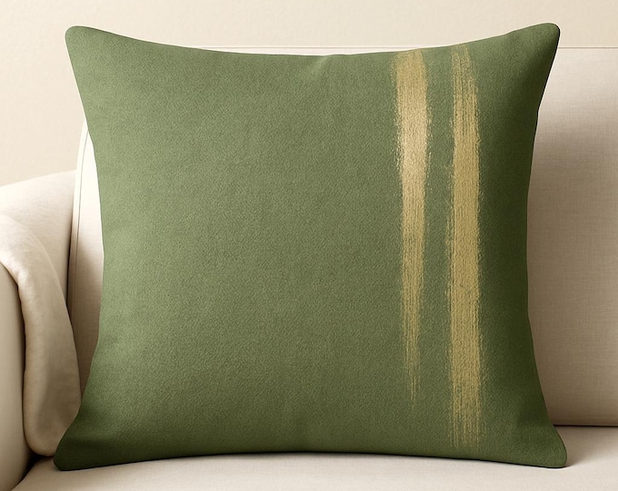 Olive Faux Suede Pillow: Modern Metallic Stripe Accent