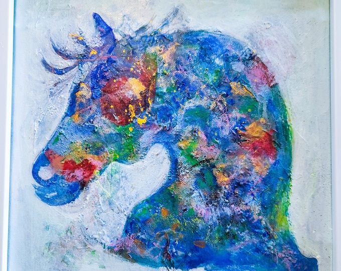 Textured Abstract Horse Art: Mixed Media Painting with Gold Foil, Custom Frame