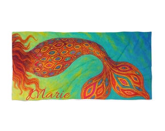 Toalla de playa personalizada con cola de sirena: un vibrante regalo de verano personalizado