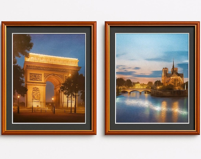 Vintage Framed Paris Lithographs (Set of 2): Arc de Triomphe & Notre Dame
