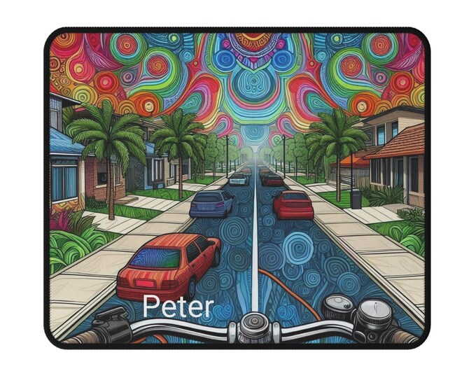 Psychedelic Bike Ride Mouse Pad: Non-Slip Gamer Desk Decor