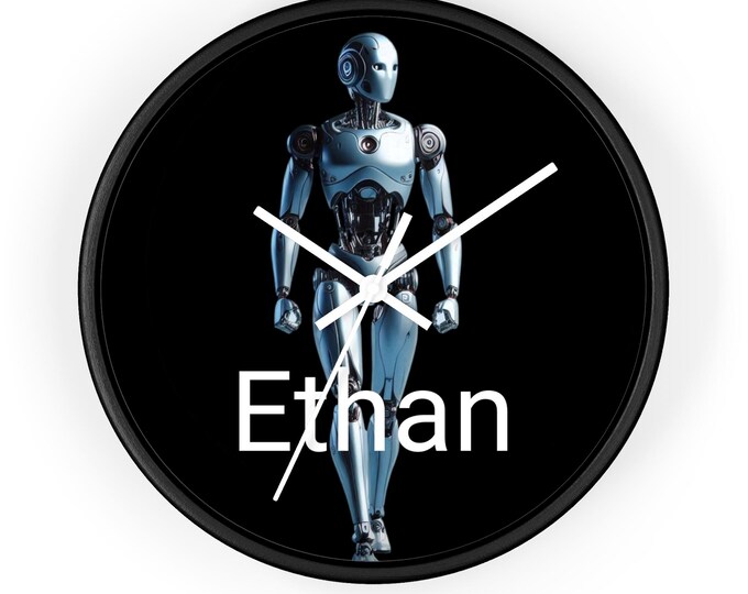 Personalized Robot Wall Clock: Modern Tech Decor, Custom Name