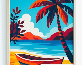 Abstract Tropical Boat Print: Red & Blue Coastal Wall Art (Digital Download - 4 Sizes)
