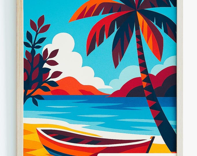 Abstract Tropical Boat Print: Red & Blue Coastal Wall Art (Digital Download - 4 Sizes)