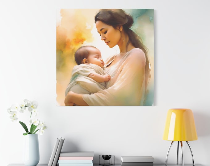 Mother and Child Canvas Print: Soft Color Nursery Art