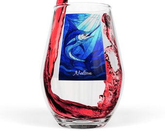 Stained Glass Swordfish Wine Glass: Coastal Home Bar Decor