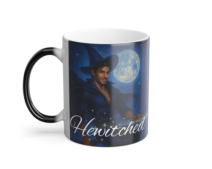 Hewitched Color Changing Mug: Male Witch, Retro Halloween Coffee Cup