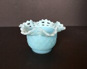 Fenton Blue Satin Glass Basket Weave Bowl