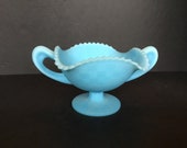 Fenton Blue Satin Glass Two Handled Bowl