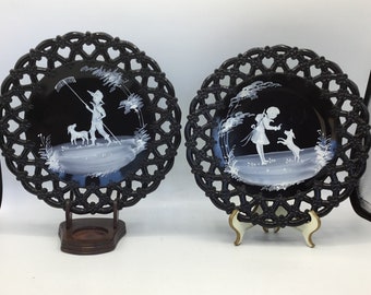 Westmoreland Black Glass Mary Gregory Lattice Plates