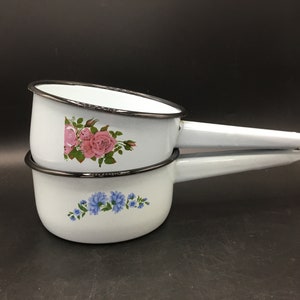 Pale Blue Heavy Enamel Sauce Pans - Flower Decals