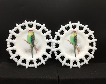 May include: Two white milk glass plates with a scalloped edge and a delicate floral design. Each plate features a hand-painted parakeet with green, yellow, and red colors.