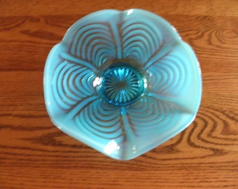 Fenton Blue Opalescent Curtain or Reverse Drape Bowl